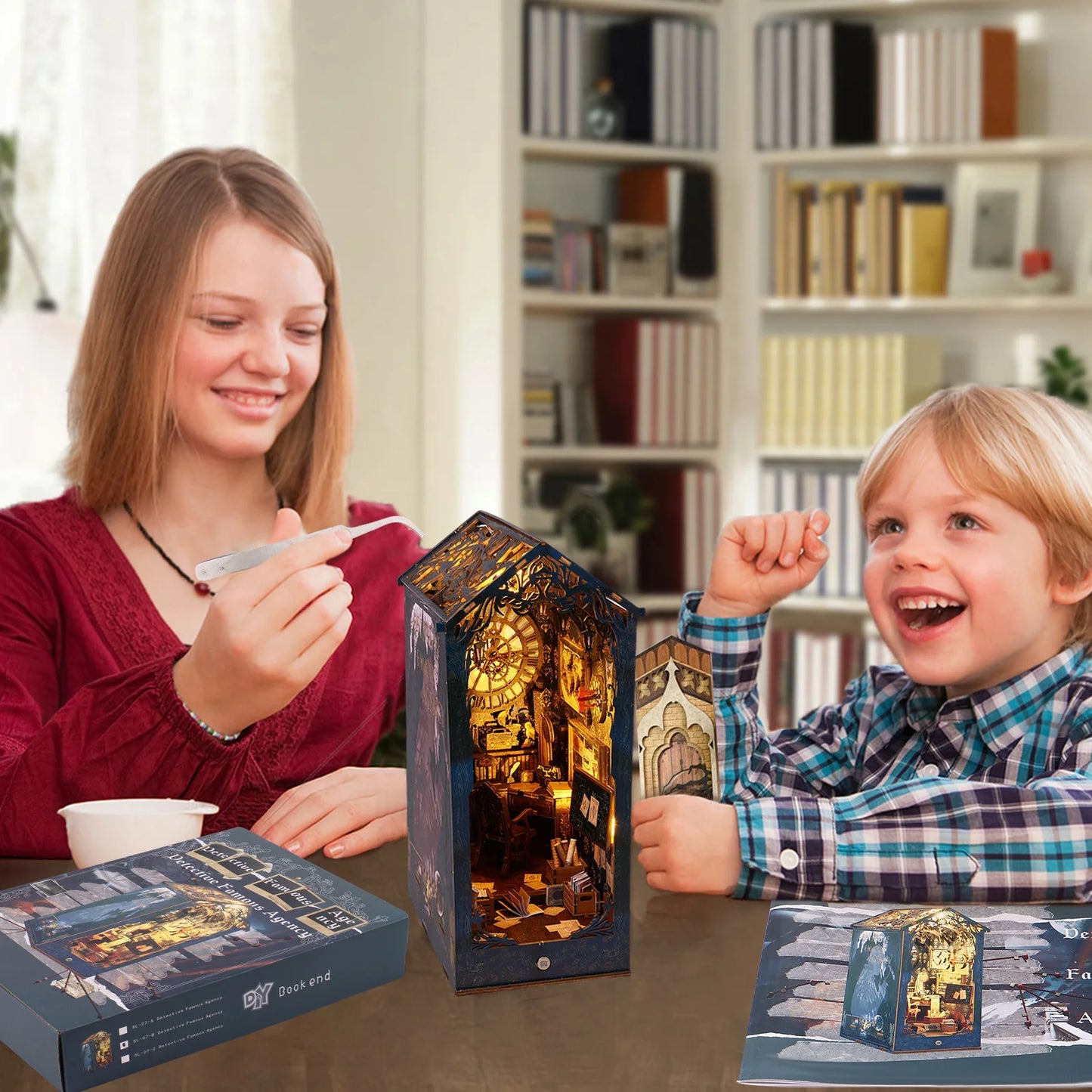 DIY Book Corner Kit 3D Wooden Puzzle Book Shelf Insert Decorative Doll House Model With LED Lights Creative Building Kids Gifts