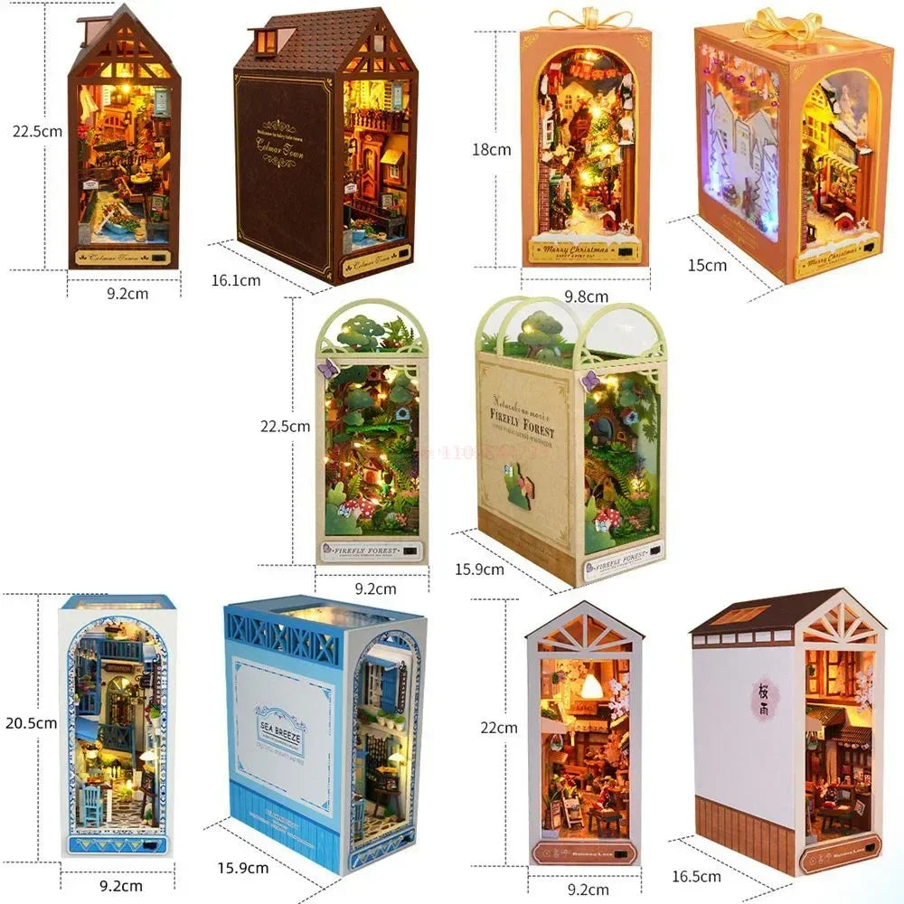 New Book Nook Diy Wooden Shelf Insert Kit Miniature Fairy Tale Town Bookshelf Forest House Dollhouse Bookend Christmas Gifts