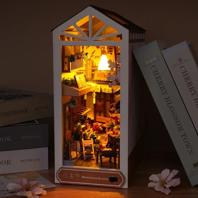 New Book Nook Diy Wooden Shelf Insert Kit Miniature Fairy Tale Town Bookshelf Forest House Dollhouse Bookend Christmas Gifts