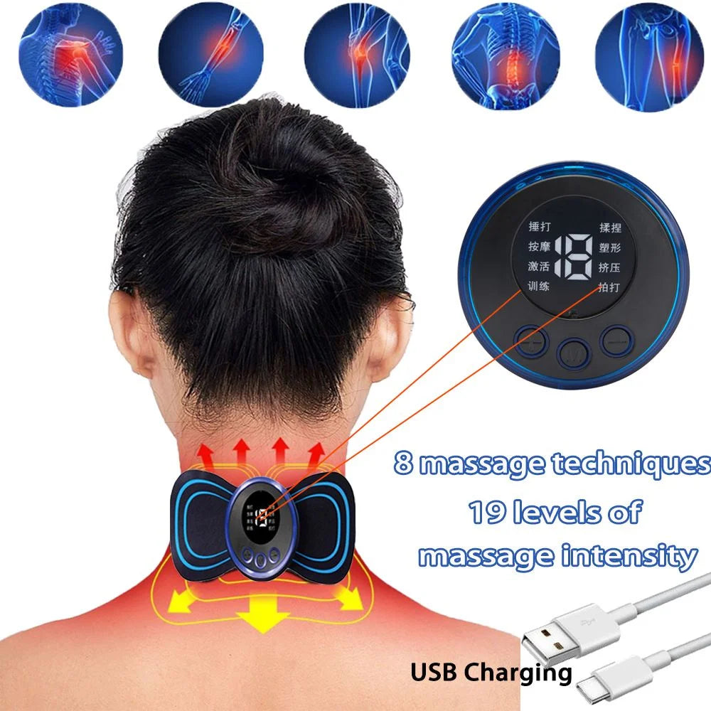 8 Modes 19 Gears Electric Pulse Neck Massager Cervical Back Muscle Pain Relief Tool Shoulder Leg Body Mini Massage Relax Cushion - 2 patches