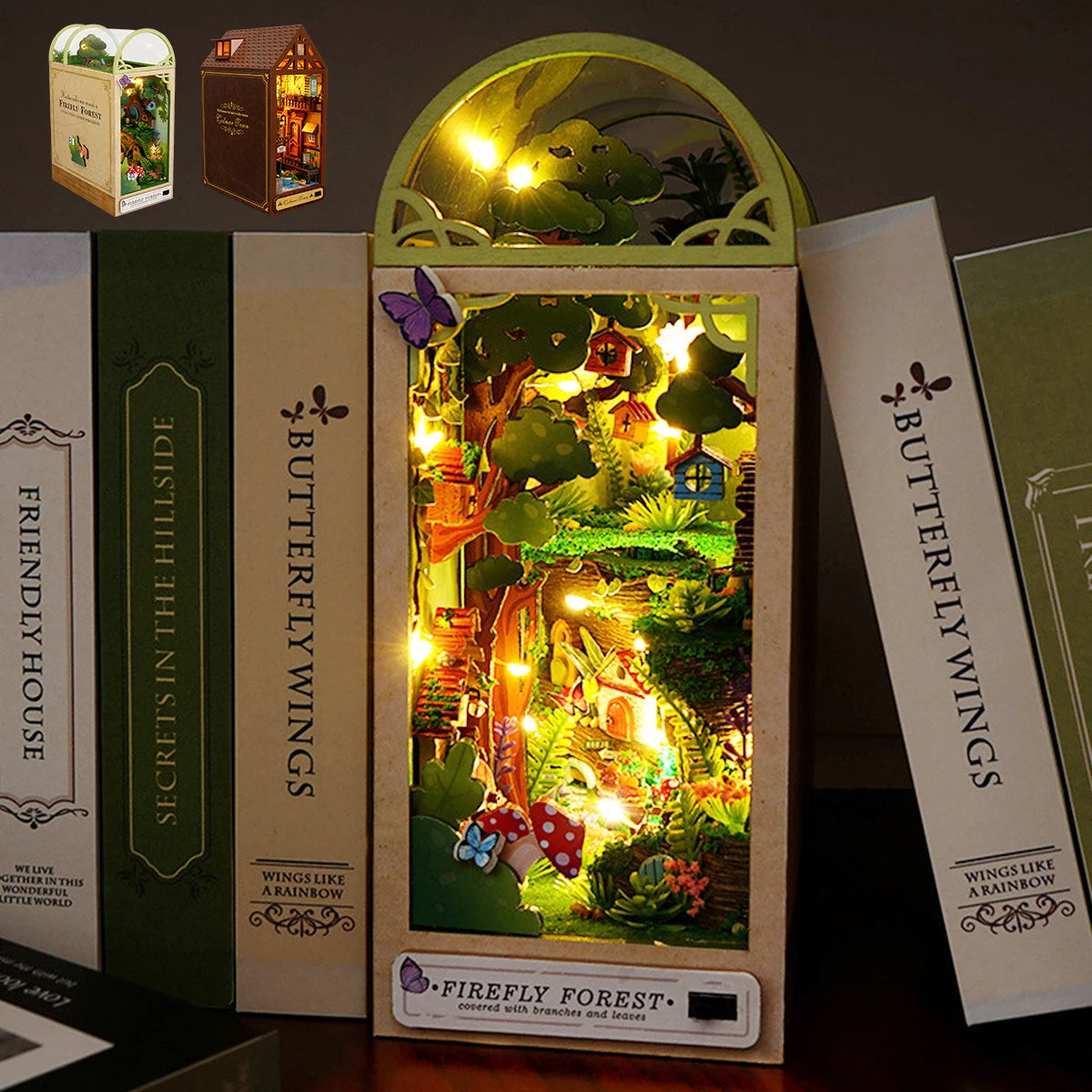 DIY Book Corner Kit 3D Wooden Puzzle Book Shelf Insert Decorative Doll House Model With LED Lights Creative Building Kids Gifts