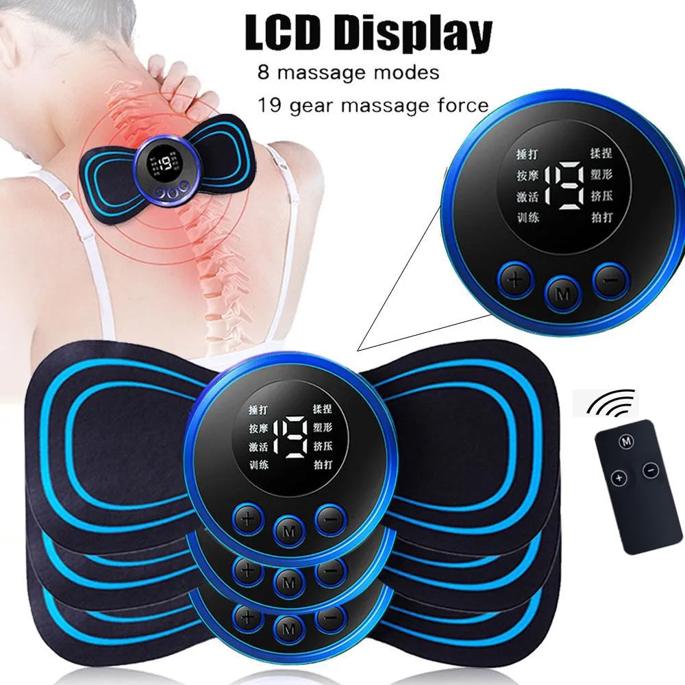 8 Modes 19 Gears Electric Pulse Neck Massager Cervical Back Muscle Pain Relief Tool Shoulder Leg Body Mini Massage Relax Cushion - 2 patches