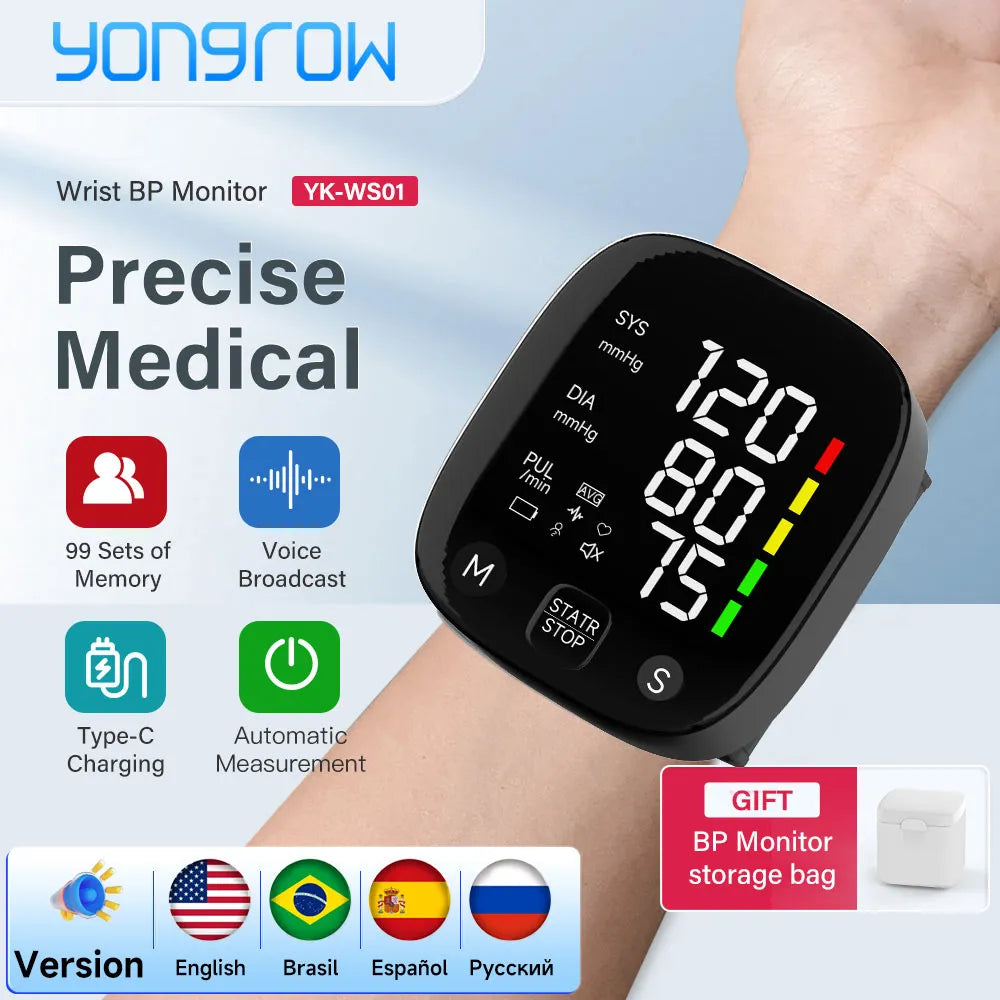 LED Wrist Blood Pressure Monitor Rechargeable English/Russian Voice Broadcast Sphygmomanometer Tonometer  BP Monitor